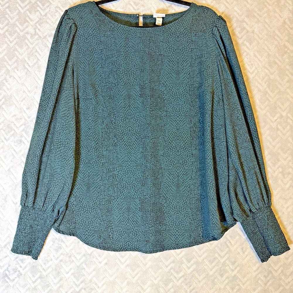 A New Day Women Blouse Plus XXL Green Snake Print Puff Sleeve Smocked Cuffs